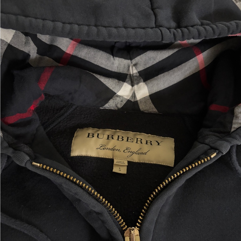 Great condition Burberry Navy Hoodie with Plaid Accent. Gold Burberry zipper. - Picture 15 of 17